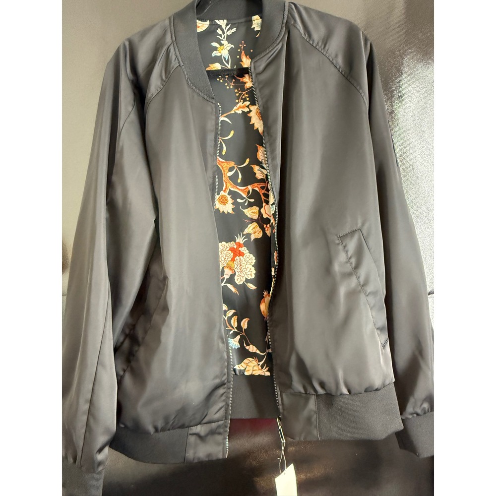 H&M Black Floral Lined Bomber Jacket Satin Finish Full Zip Womens Size Large NEW